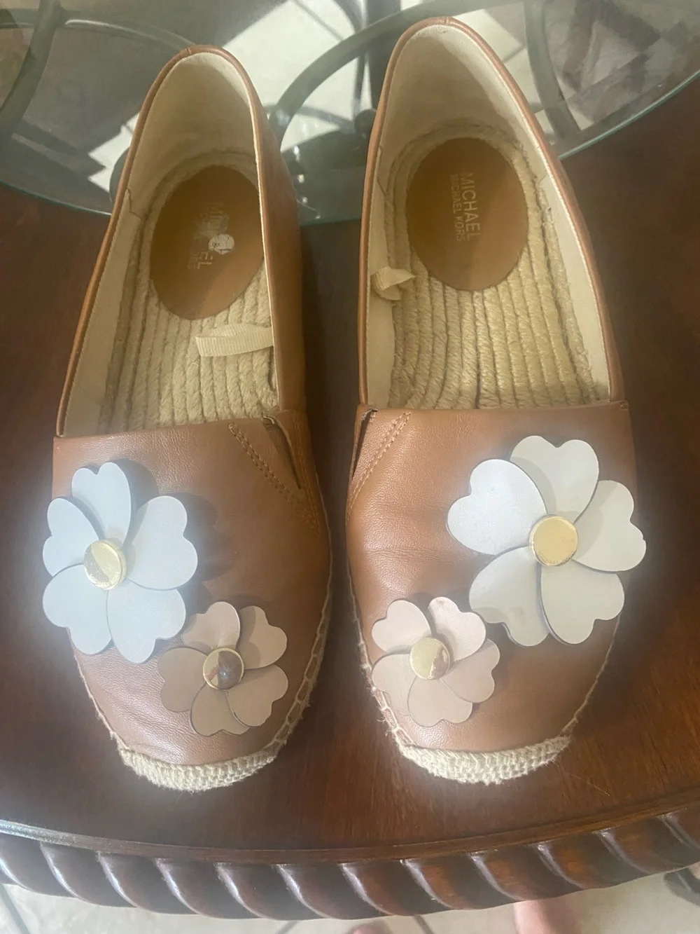 Michael Kors Brown Leather Espadrille Slip-On with White Floral Appliqués